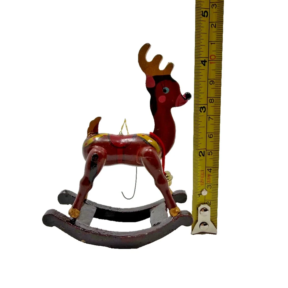 Vintage Hand Painted Wooden Rocking Reindeer Ornament w/ Bell 4.5